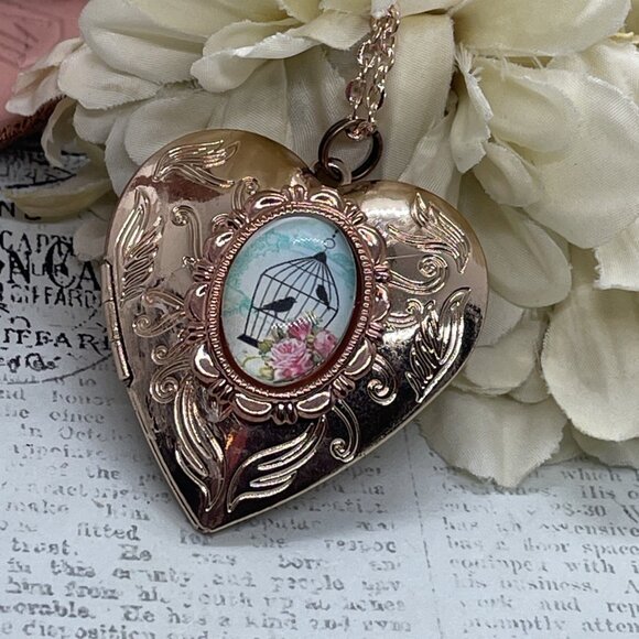 Victorian Bird Cage Blue Mom Wife Christmas Rose Gold Heart Locket Anniversary - Picture 2 of 10